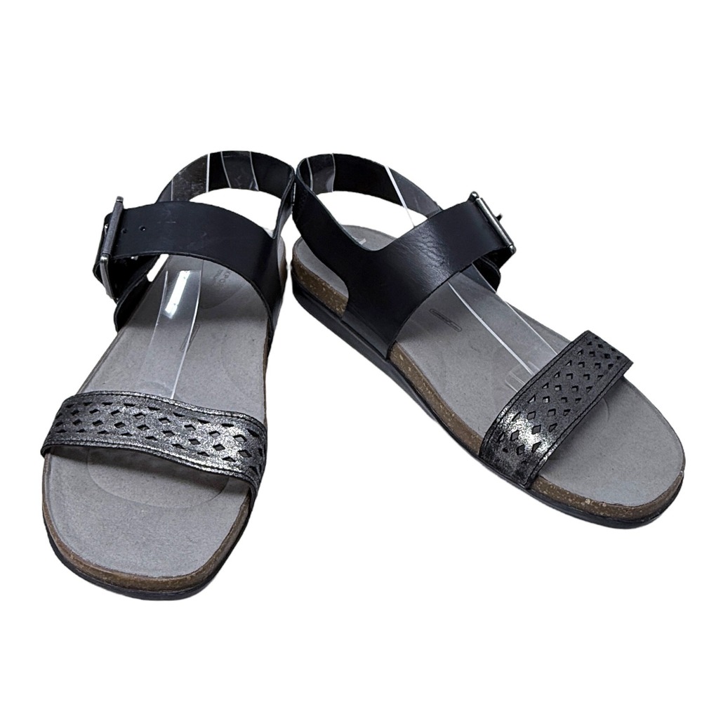 Rockport Women's Romilly Black Metallic Leather Strap Buckle Sandals‎ 10 M